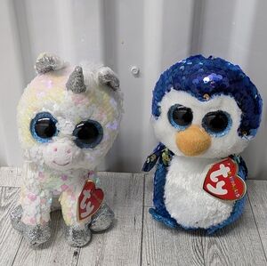 Ty Sparkling Unicorn and Sequined Penguin Set - White and Blue
